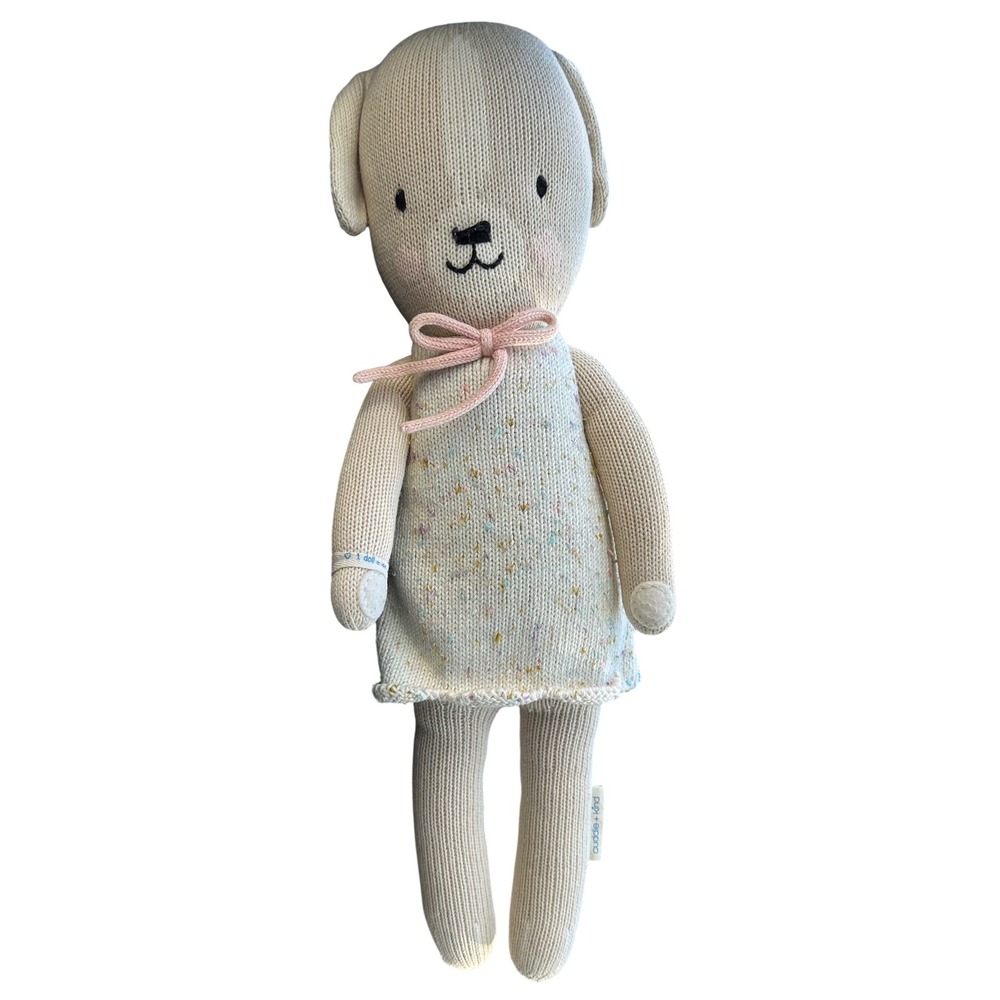 Cuddle + Kind Mia the Dog Handmade Knit Plush Doll 20 Inch Cream Confetti Dress